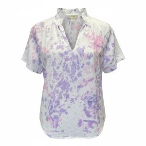 EUC Stark X Women's White Purple Splatter Deaign V Neck Short Sleeve Blouse  XS
